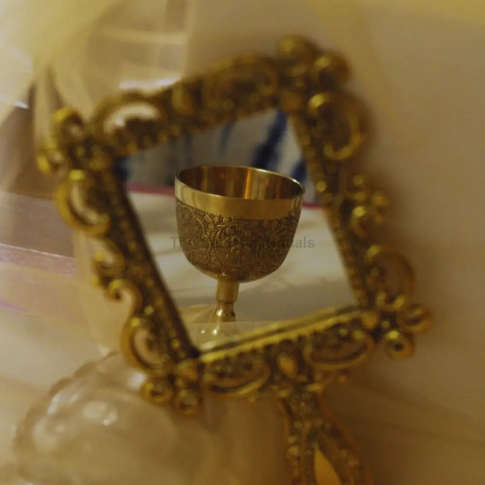 Elegant Golden Brass Chalice & Metal Mirror Set | Perfect for Spiritual Rituals | Altarware Ritual Set