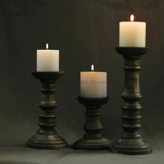 Antique Wooden Pillar Candle Stand – Elegant Décor for Rituals | Altarware All 3 sizes Candle Holders