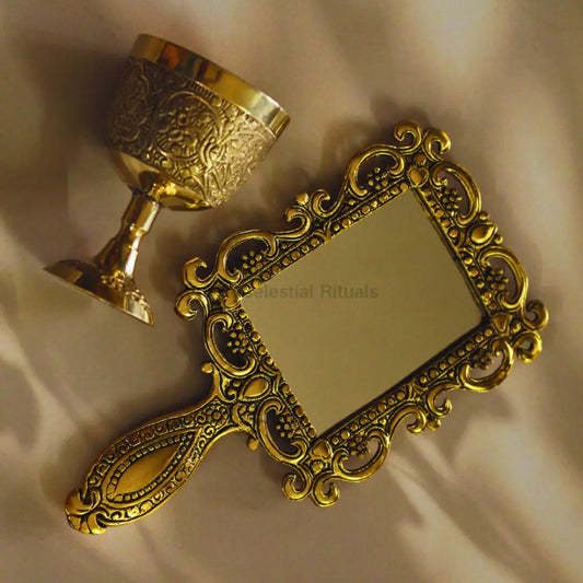 Elegant Golden Brass Chalice & Metal Mirror Set | Perfect for Spiritual Rituals | Altarware Ritual Set