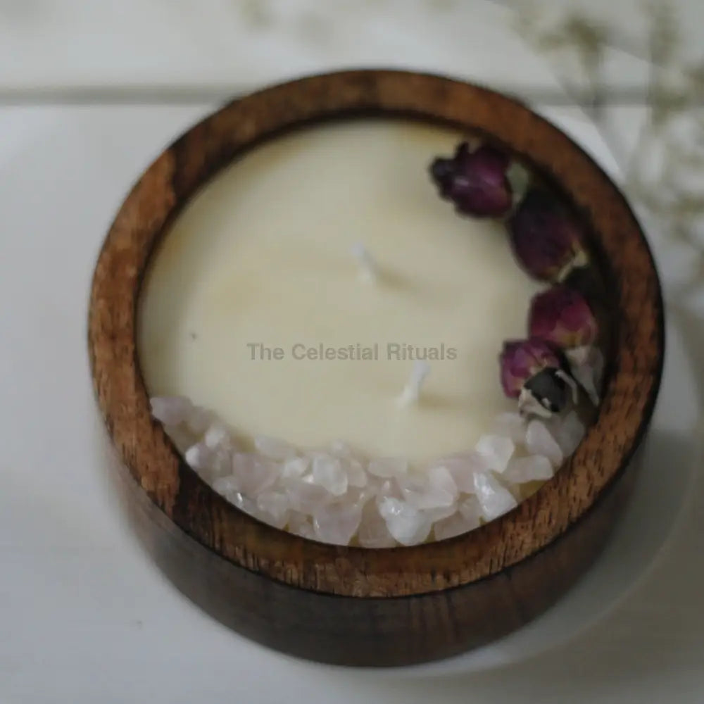 Intention Soy Candles in Wood with Gift Box Rose Quartz and Rose Buds Intention Candle - for Tranquil Bliss Candles